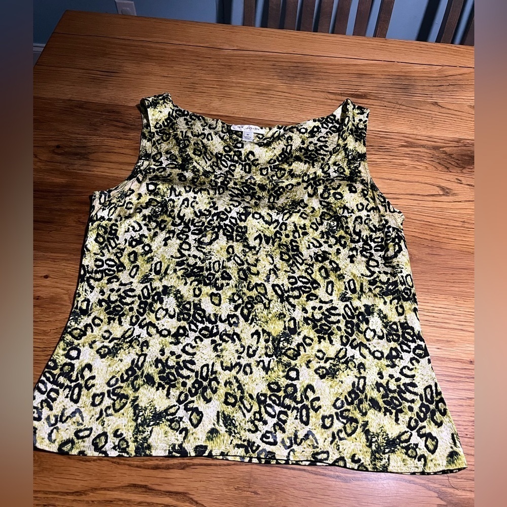 St. John Chic Leopard Silk Blend Print Tank Top - Green and Black Size Medium